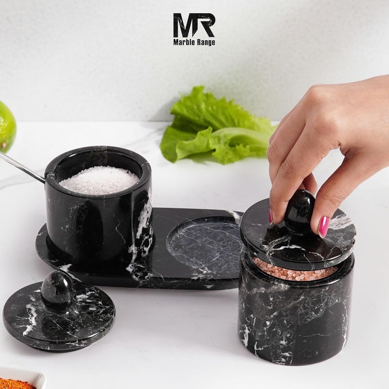 MARBLE RANGE Marble Salt Cellar with Lid and tray 4 Inch Black Handmade Salt Container, Set of 2 Seasoning Jars, Spice Storage Containers for Kitchen Countertop, Sugar Bowl - Image 3